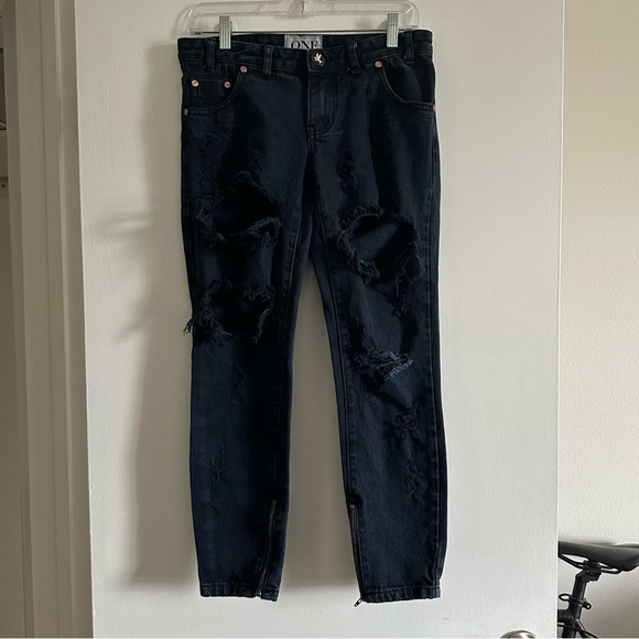 One by One Teaspoon Black Distressed Low Waist Short Rise Rigid Skinny Leg Jean - Picture 3 of 11